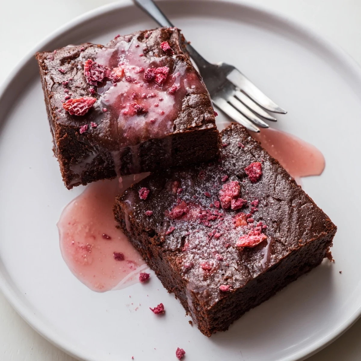 Strawberry Brownies Recipe showing fudgy squares topped with glossy strawberry glaze