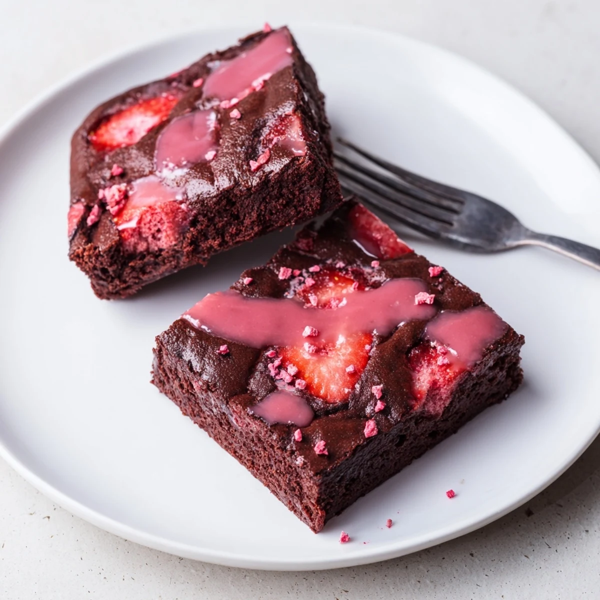 Close-up of Strawberry Brownies Recipe cut into warm, juicy-centered dessert squares
