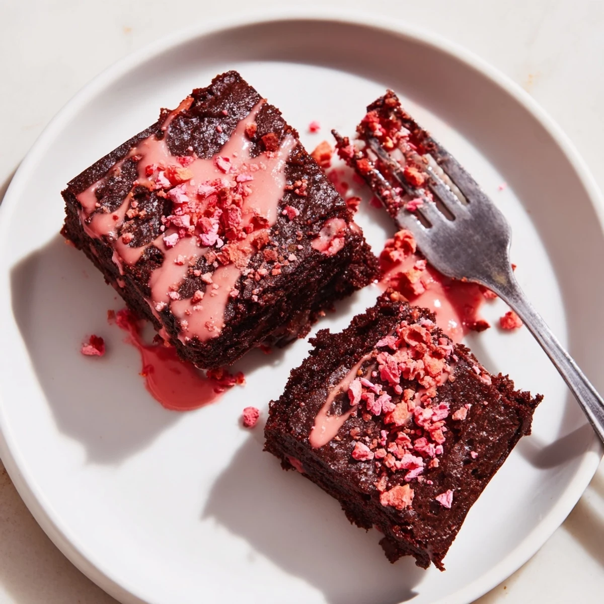 Plated Strawberry Brownies Recipe alongside whipped cream and fresh sliced strawberries