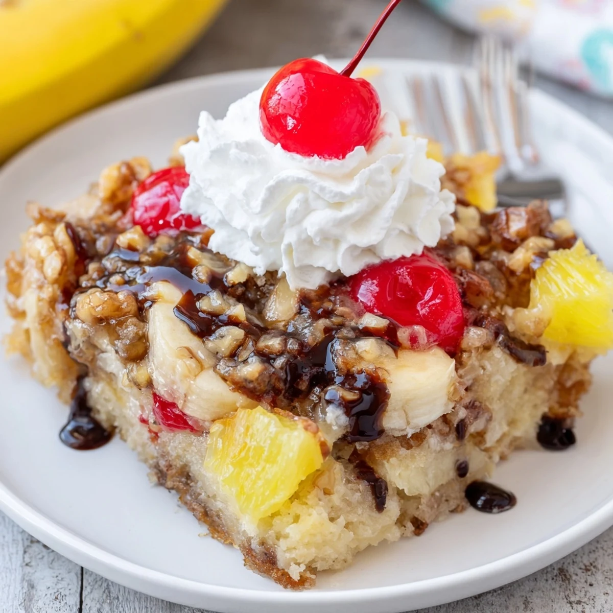 Warm Banana Split Dump Cake bubbling with chocolate, pineapple, and cherries