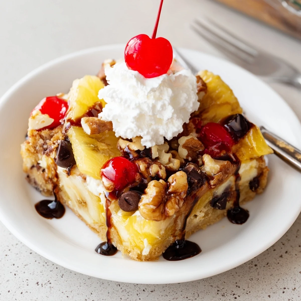 Sliced bananas peek under golden Banana Split Dump Cake, topped with whipped cream