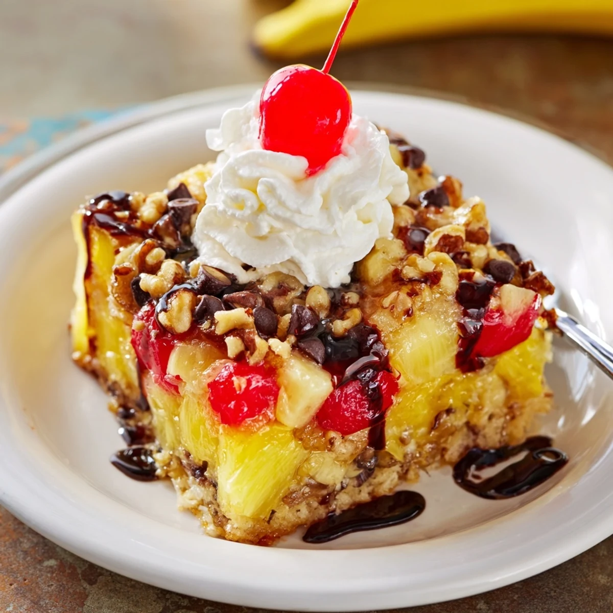 Oven-hot Banana Split Dump Cake served with vanilla ice cream and extra cherries