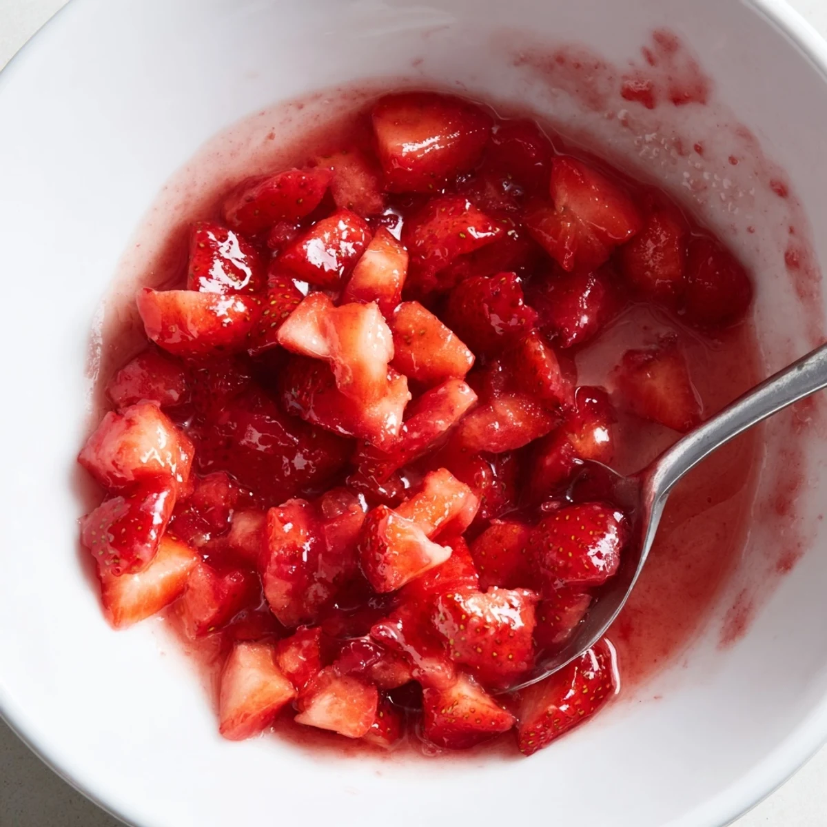 Strawberry Cake Filling Recipe showing glossy, warm strawberry filling cooling in saucepan  