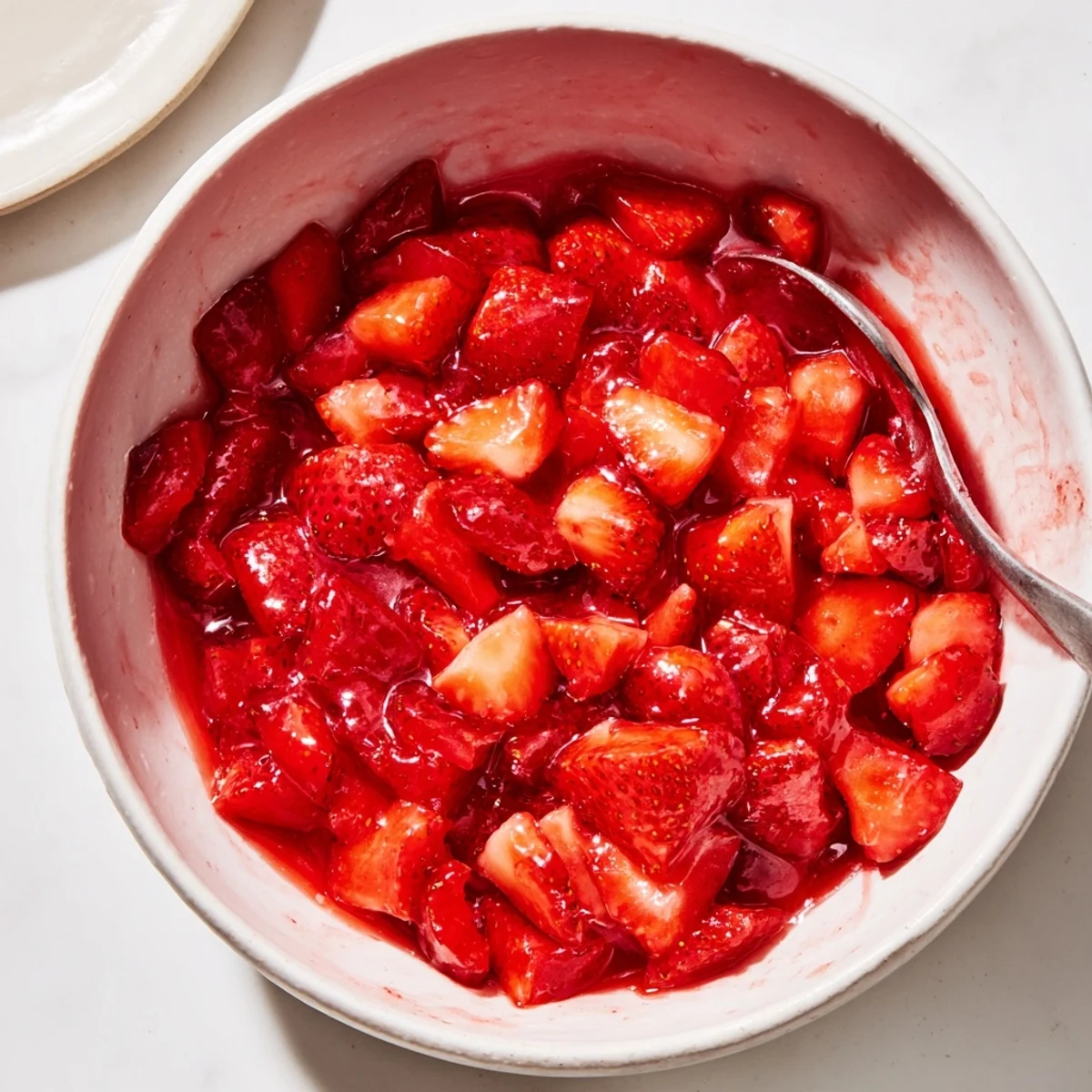 A vibrant Strawberry Cake Filling Recipe spooned into cake layers for serving  