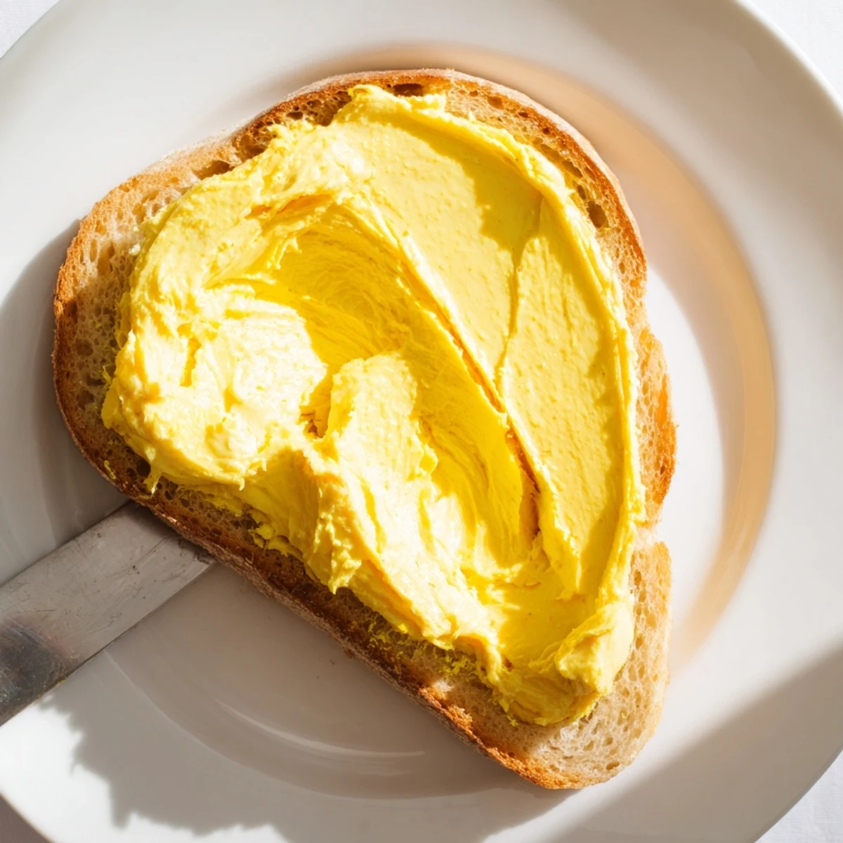 Creamy vegan dairy-free butter spread on toasted sourdough with melted edges visible.