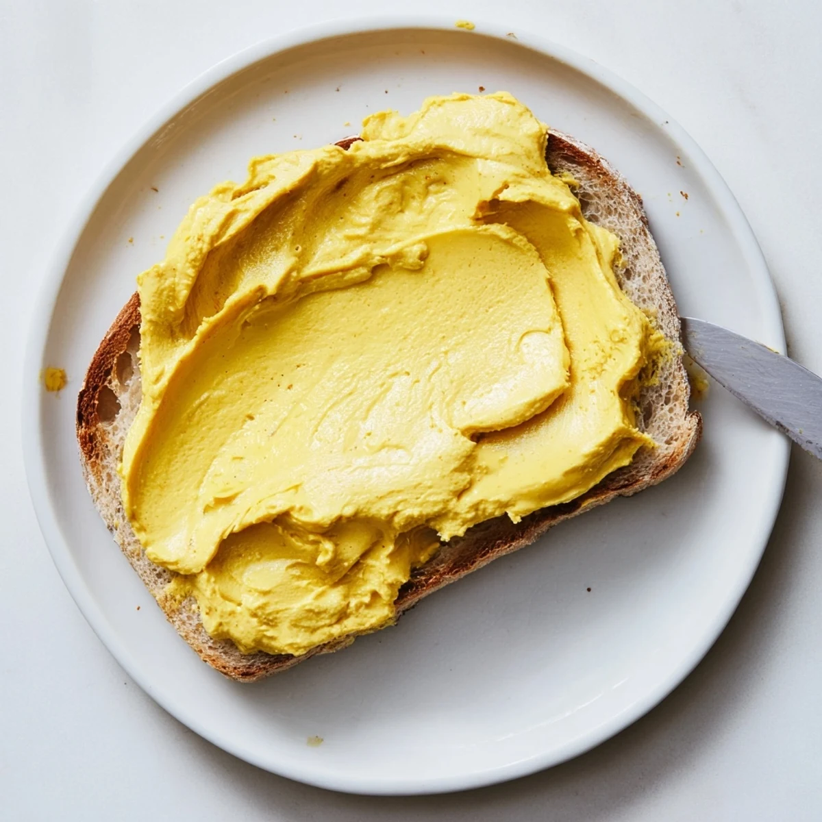 Plant-based vegan dairy-free butter sliced on wooden board showing rich yellow color and consistency.
