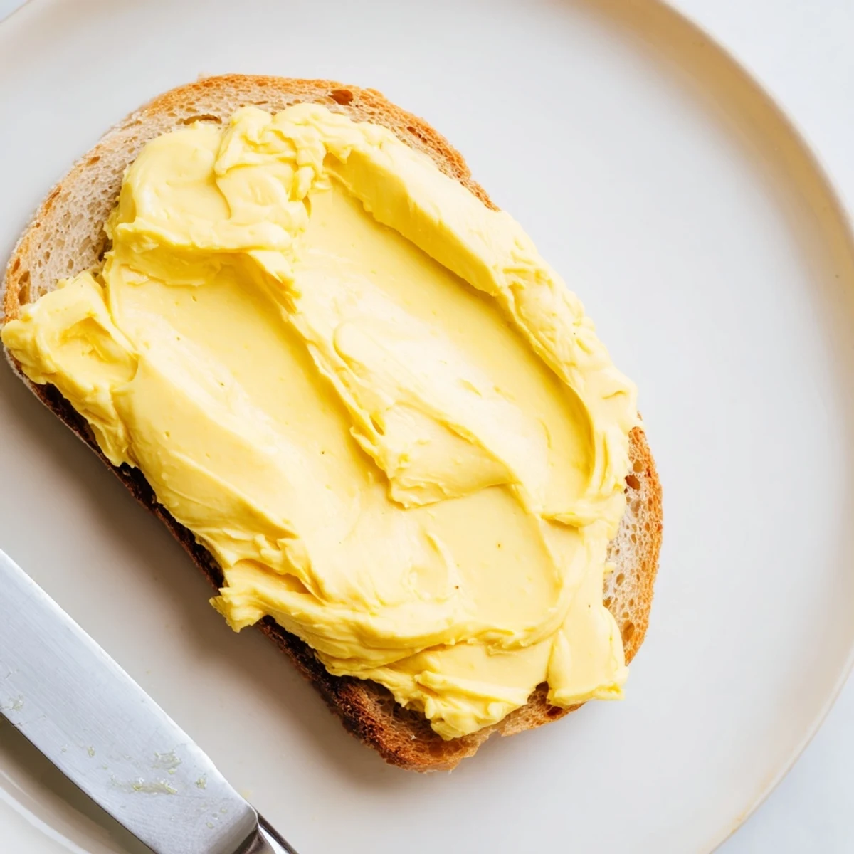 Golden homemade vegan dairy-free butter in a glass container with smooth spreadable texture.