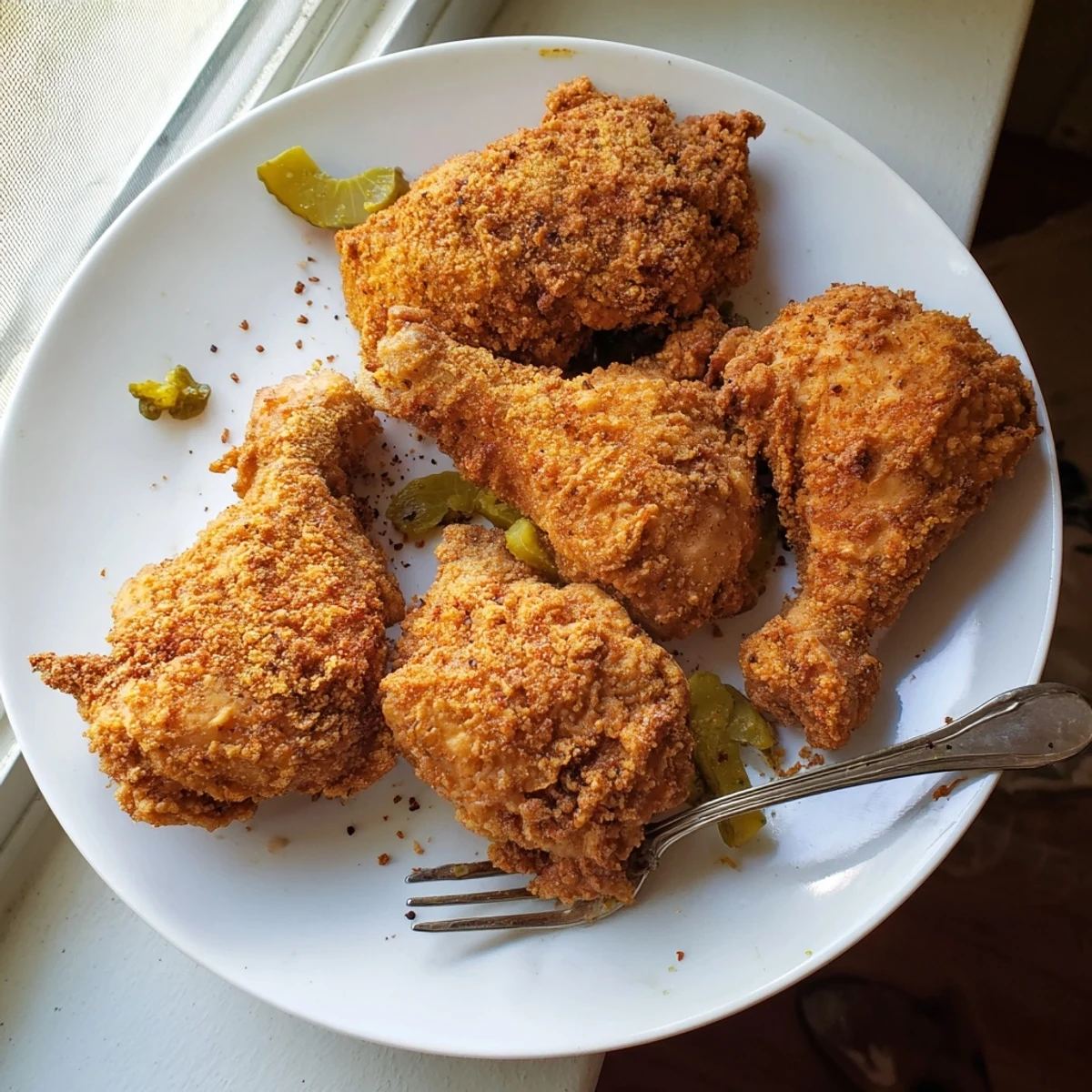 Golden brown crispy dill pickle chicken served on a wire rack with garnish