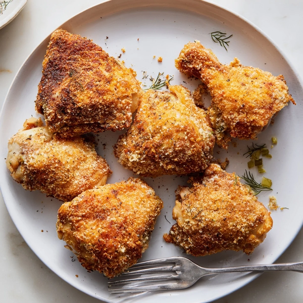 Juicy fried chicken pieces coated in crunchy panko crust after frying in skillet