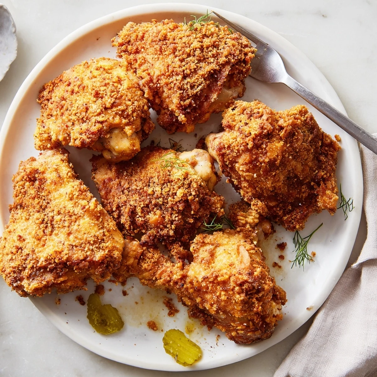 Close-up of pickle-marinated chicken with crispy golden breading on white serving plate