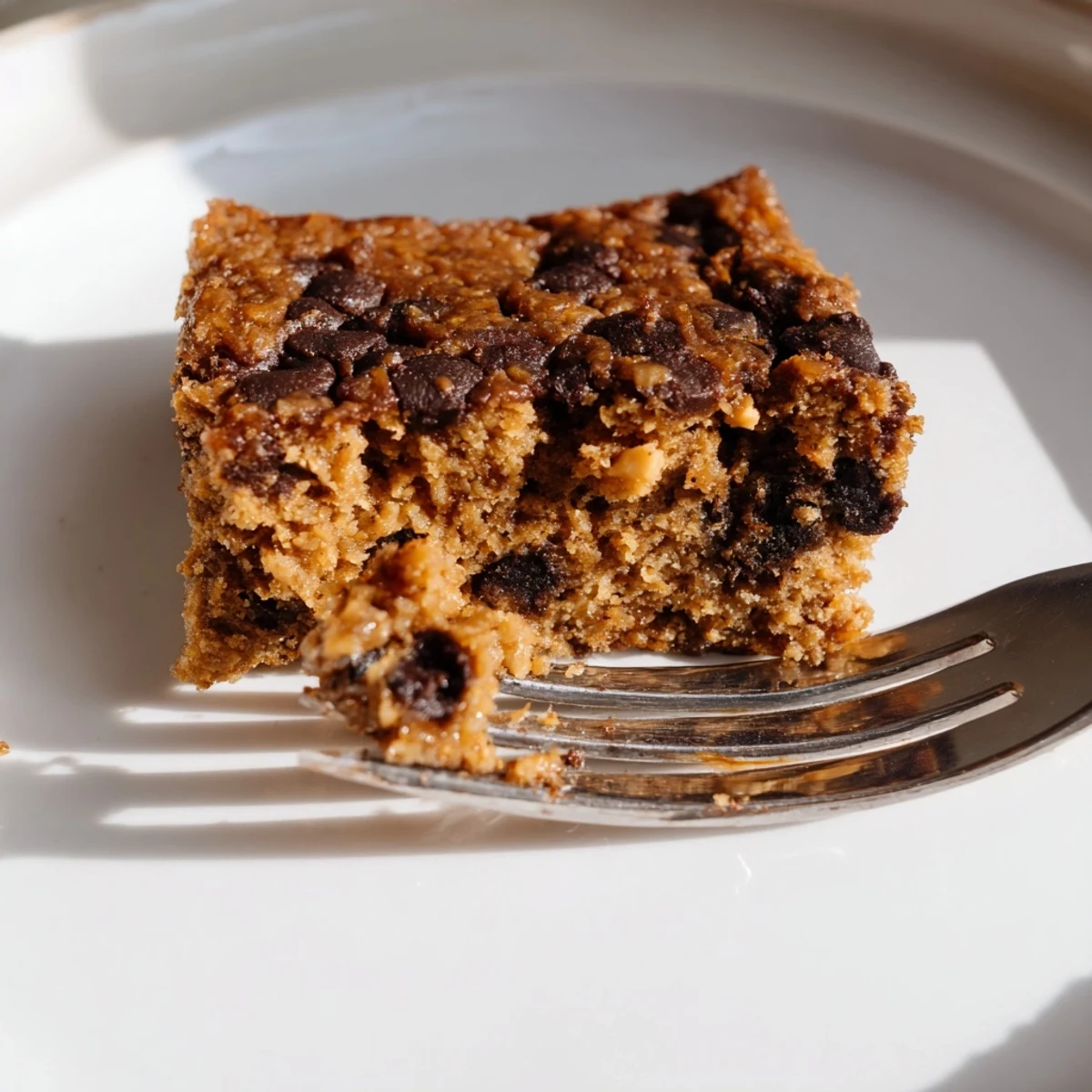 Golden flourless peanut butter banana bars dotted with melted chocolate chips on a white plate