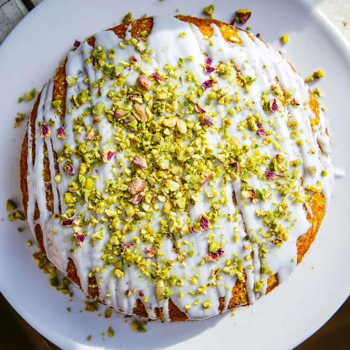 Golden Persian Love Cake almond drizzled with white rosewater icing and green pistachios