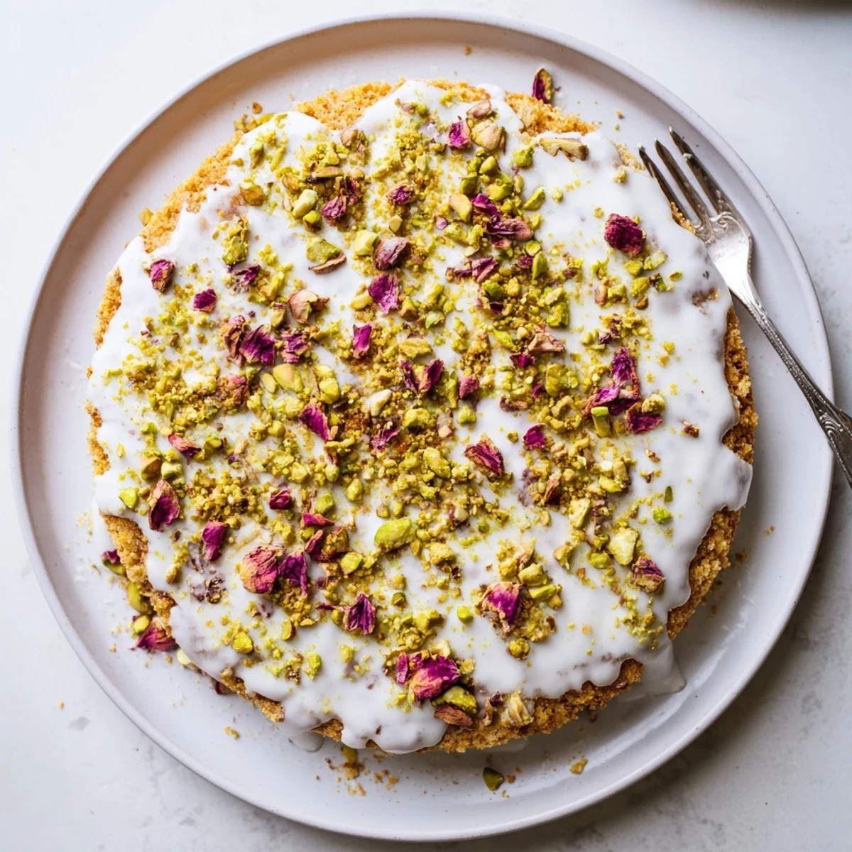 Moist almond cardamom Persian Love Cake topped with floral icing and crushed nuts
