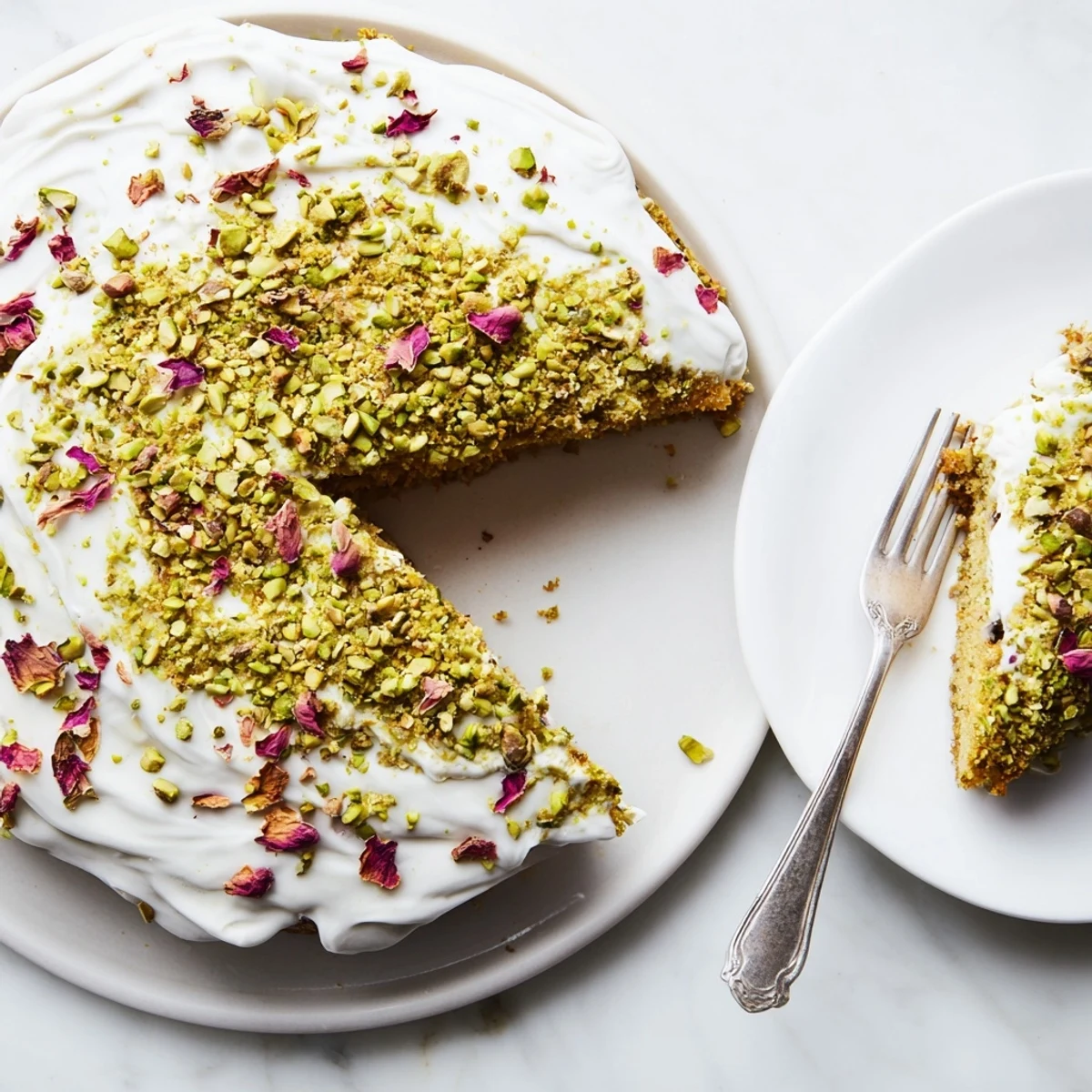 Elegant rosewater glazed Persian Love Cake almond with pistachio sprinkles on serving plate