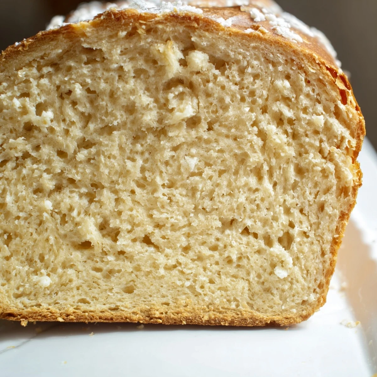 Protein-rich cottage cheese loaf bread with tender crumb texture served on white plate with butter knife