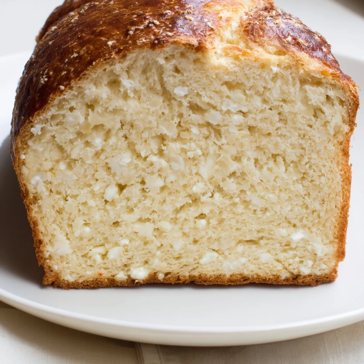 Freshly baked cottage cheese loaf bread cooling on wire rack with golden crust and slice exposed