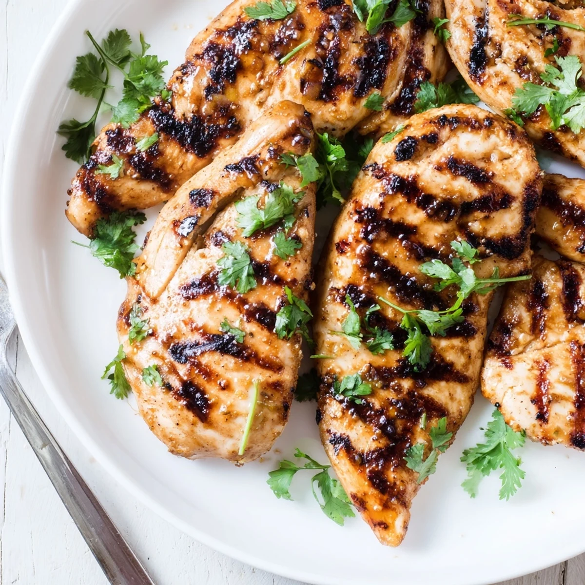 Golden grilled chicken breasts with charred grill marks and fresh cilantro garnish on a white plate
