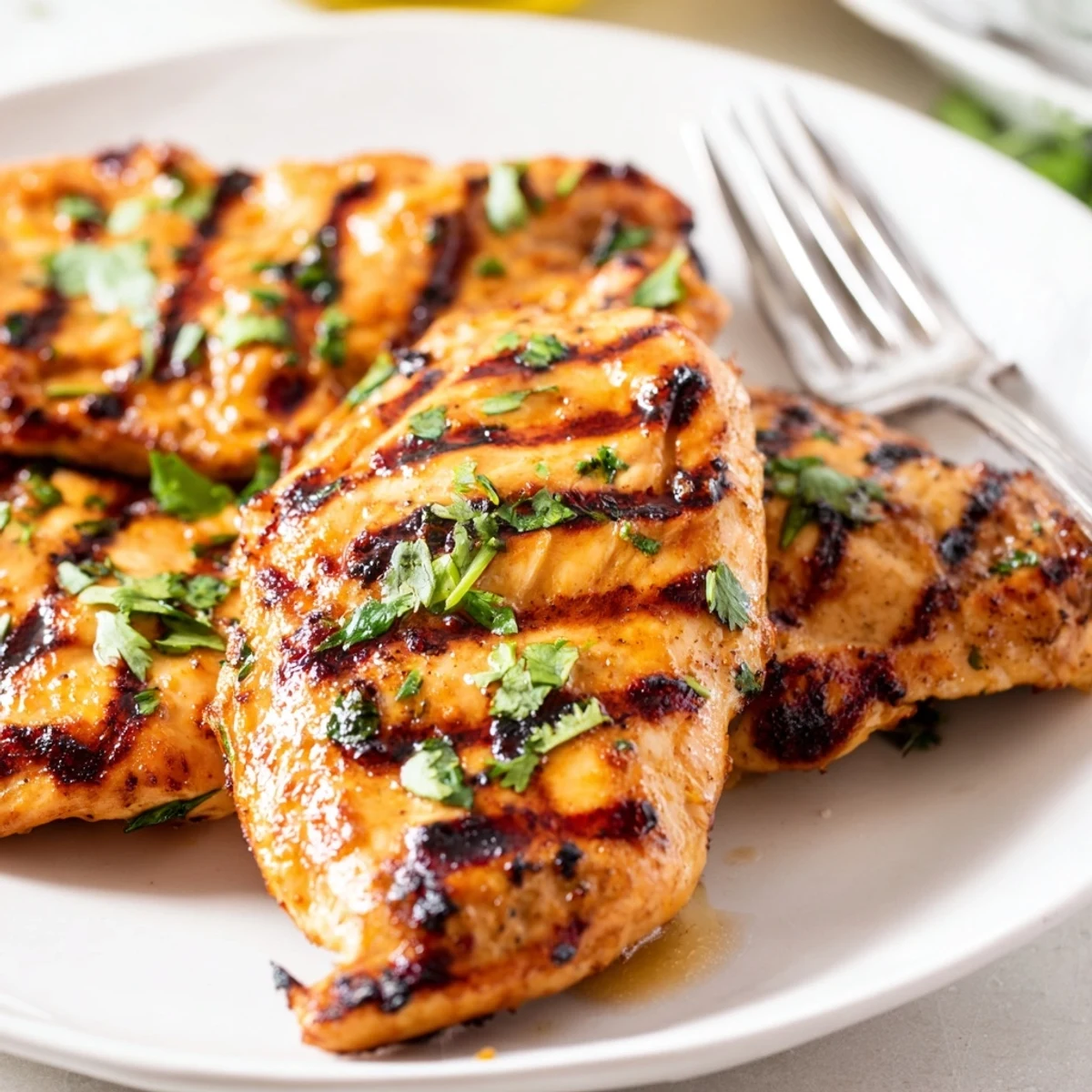 Tropical grilled chicken marinated in lime honey and cilantro served with lime wedges on a rustic wooden surface