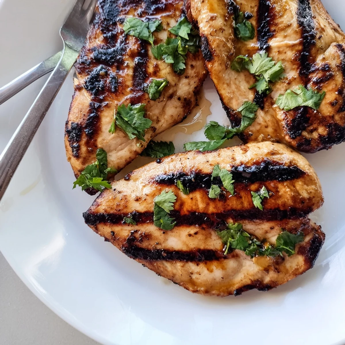 Juicy Key West grilled chicken featuring honey lime glaze and vibrant green herbs resting on a cutting board