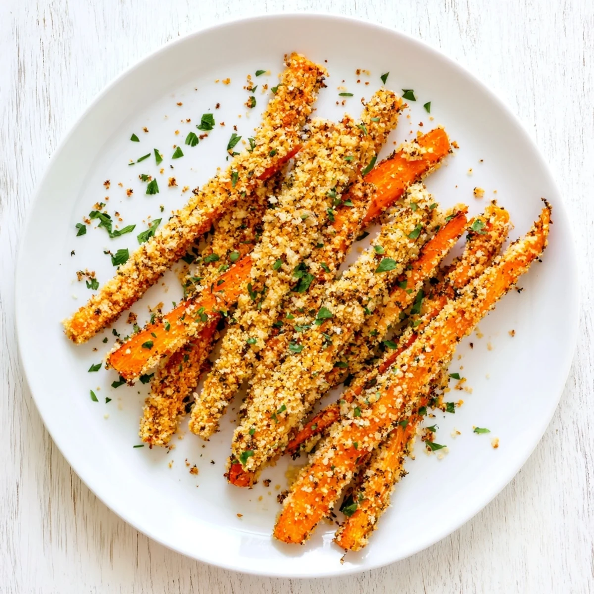 Golden roasted carrot sticks coated in crispy Parmesan crust, arranged on parchment-lined baking sheet
