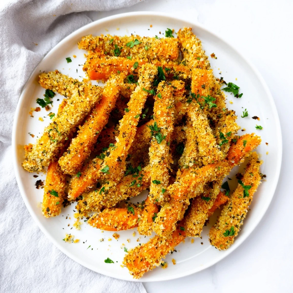 Close up of crispy Parmesan roasted carrots showing textured cheese coating on orange carrot sticks