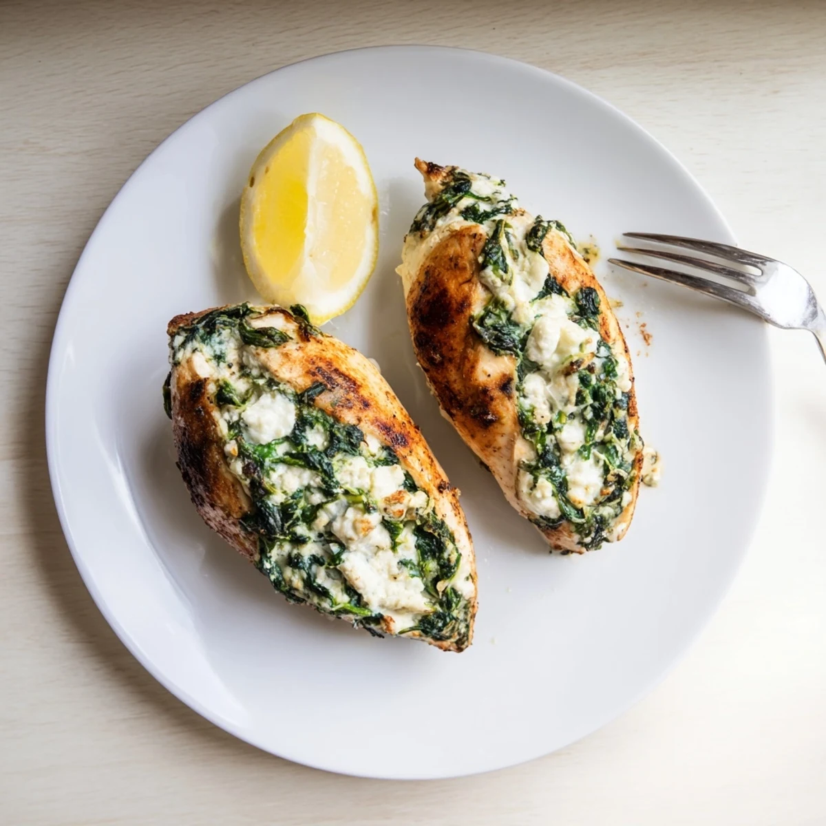 Golden baked chicken breast stuffed with savory spinach feta filling on white plate