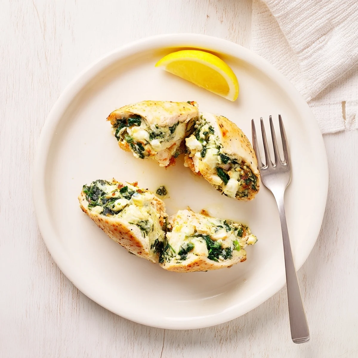 Mediterranean stuffed chicken featuring juicy breast topped with melted feta and fresh spinach