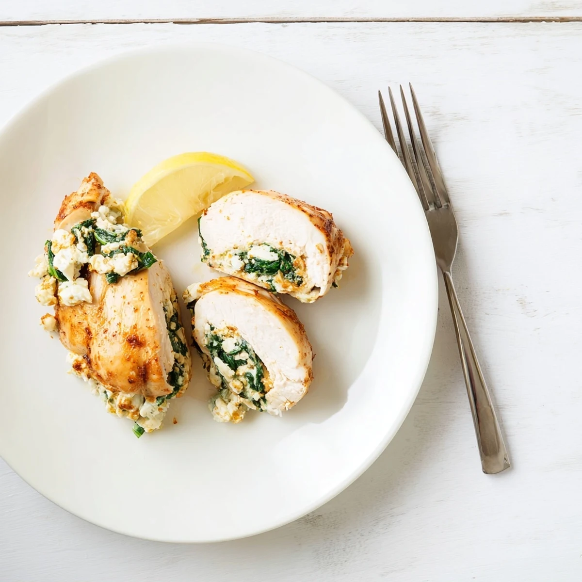 Close-up of oven-baked chicken breast oozing creamy feta and tender green spinach stuffing
