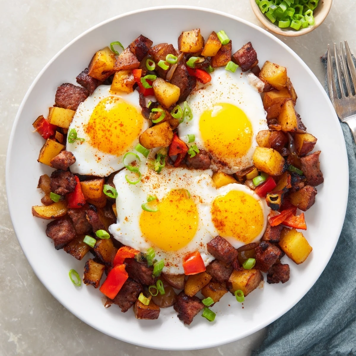 Golden Cajun beef sausage breakfast hash with crispy potatoes, onions, and perfectly fried eggs