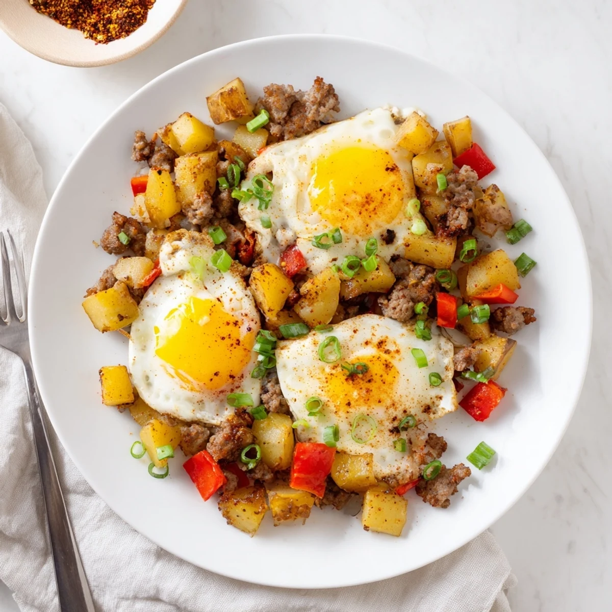 Sizzling Cajun beef sausage breakfast hash with colorful bell peppers and golden runny yolks