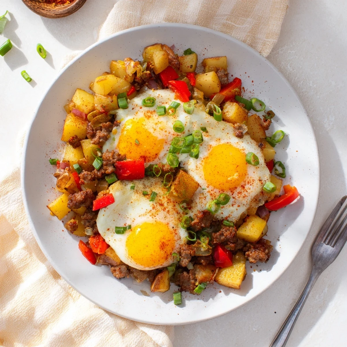Hearty skillet of spicy Cajun beef sausage breakfast hash topped with sunny-side up eggs