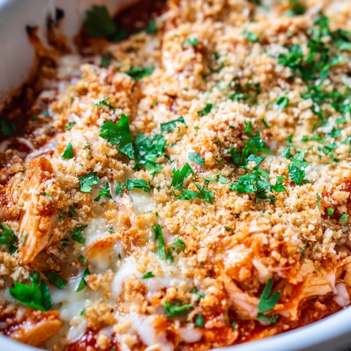 Bubbling Chicken Parmesan casserole fresh from the oven with melted cheese and herbs