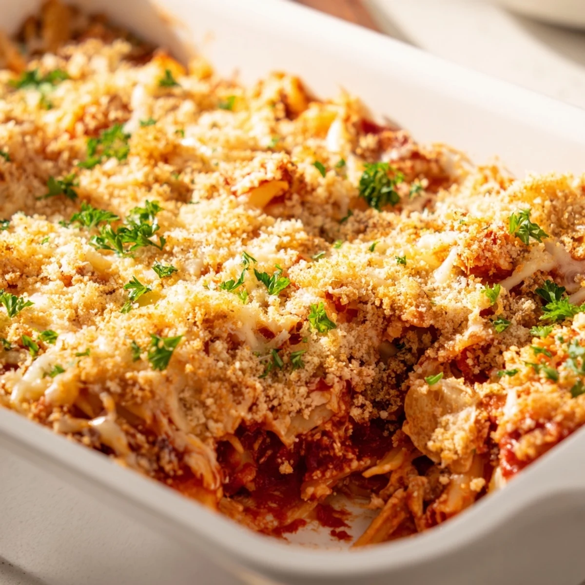 Family-style Chicken Parmesan casserole dish showcasing layers of marinara and golden brown topping
