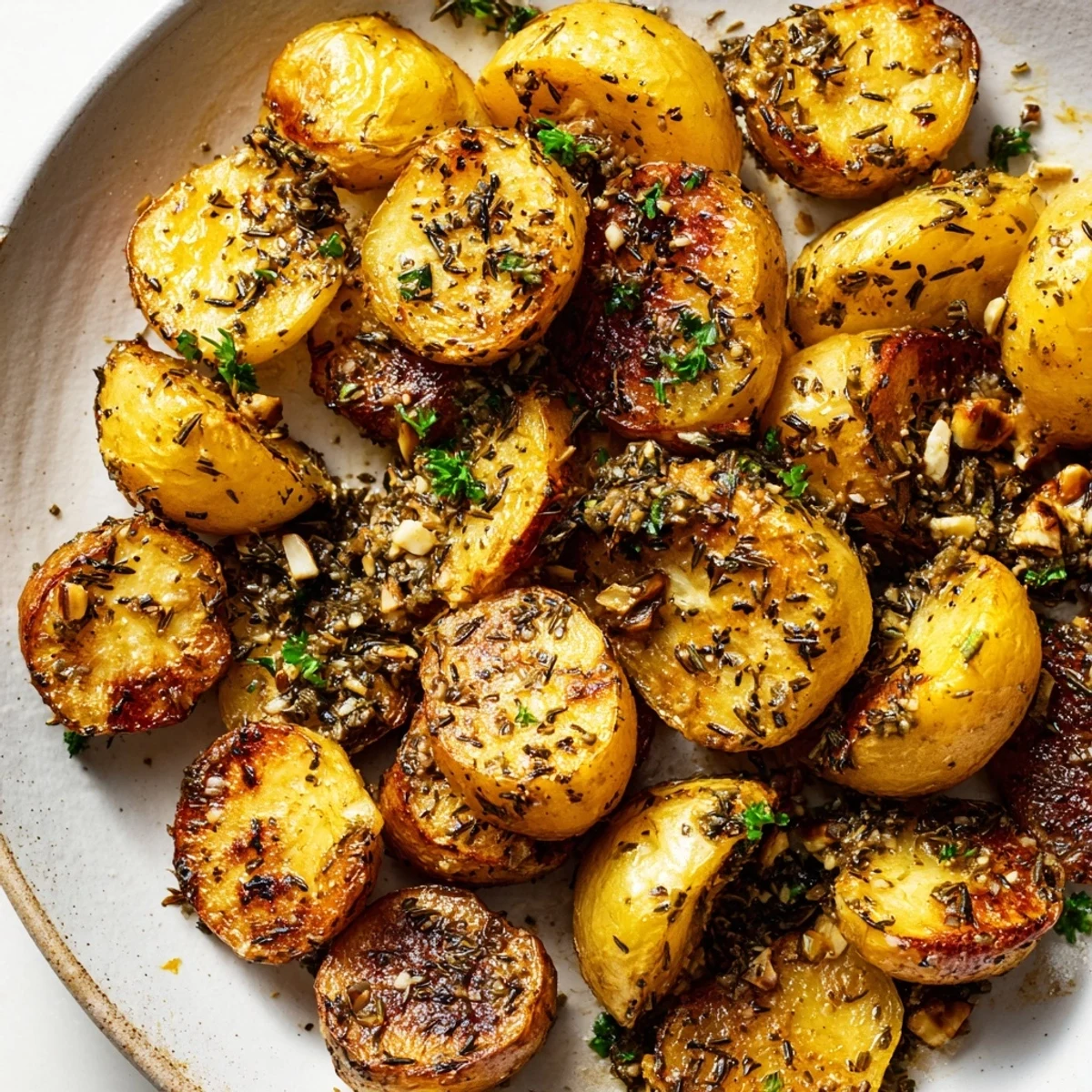Golden brown roasted radishes seasoned with garlic and fresh herbs on a white baking sheet