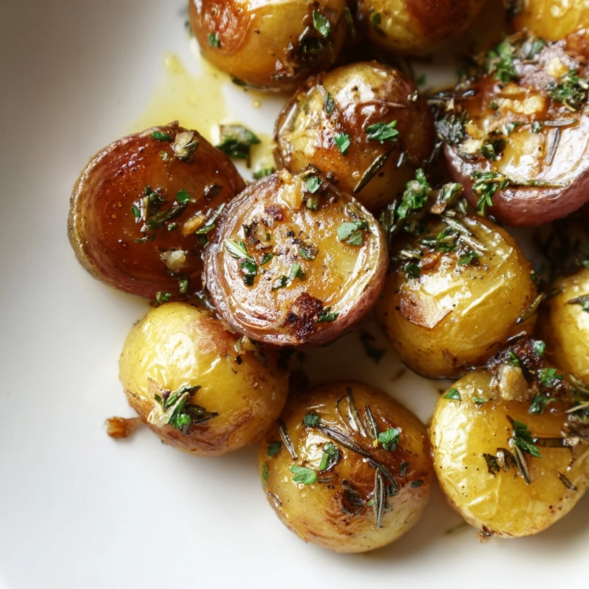 Savory garlic herb roasted radishes arranged on a serving platter with green parsley garnish