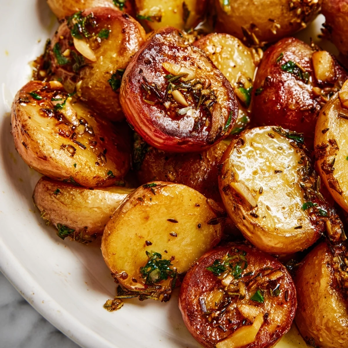 Tender low-carb roasted radishes tossed with olive oil garlic thyme and rosemary