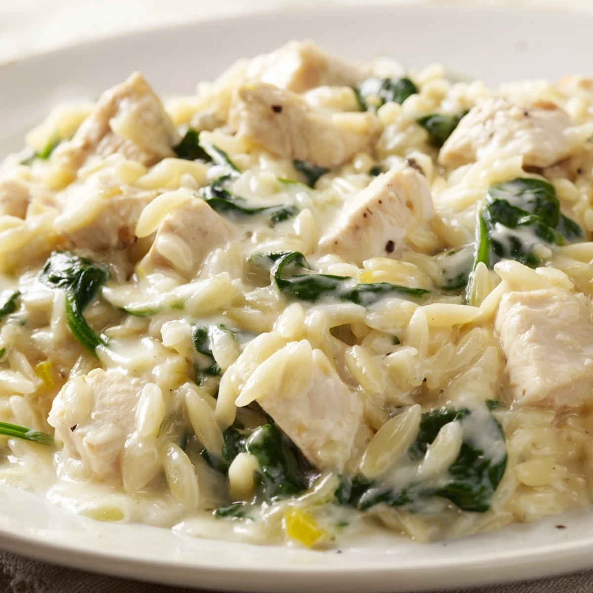 Creamy garlic butter pepper jack chicken orzo in a white bowl with wilted spinach and fresh parsley garnish