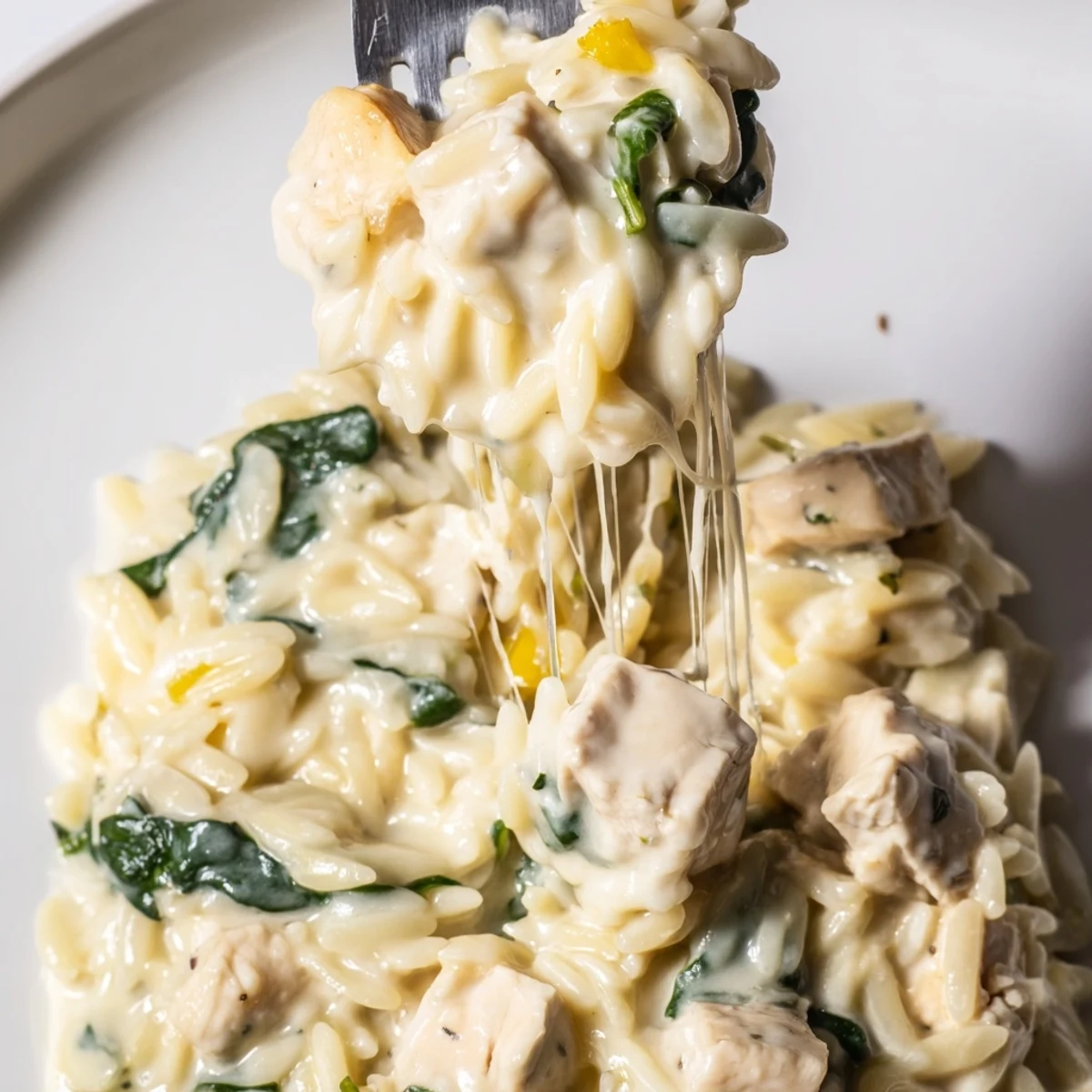 One-pan chicken orzo features tender cubes swimming in rich spicy pepper jack sauce with vibrant green spinach throughout