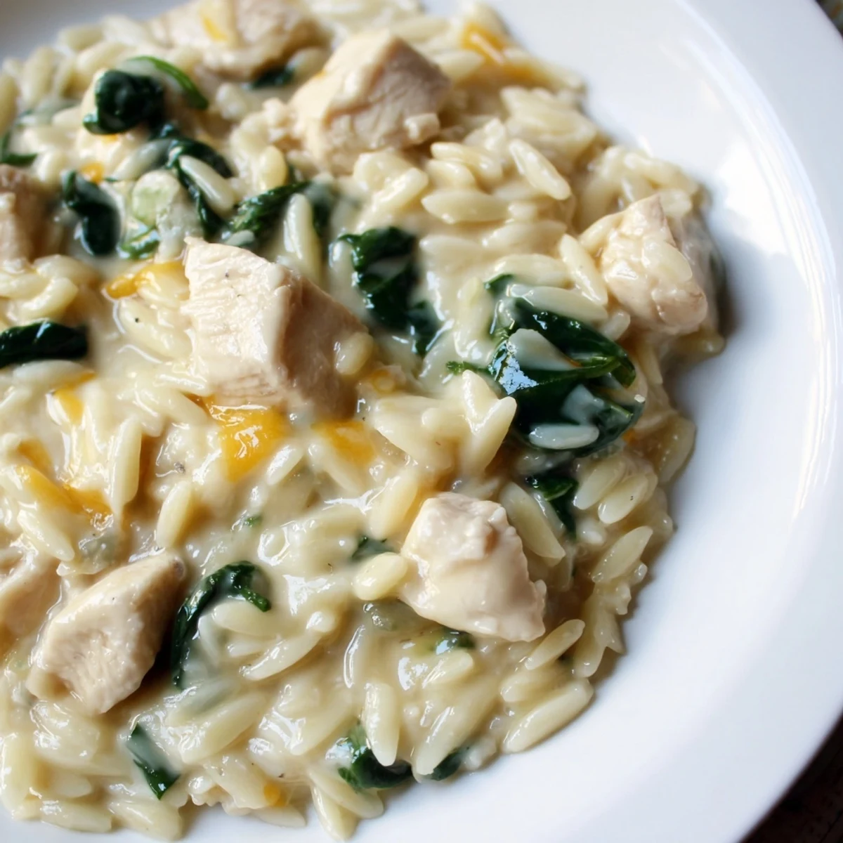 Golden chicken pieces atop creamy orzo pasta dish topped with melted pepper jack cheese and chopped parsley