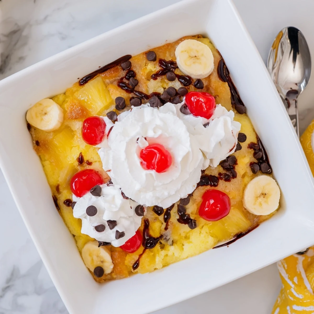 Golden banana split dump cake with bubbling fruit layers and melted butter topping