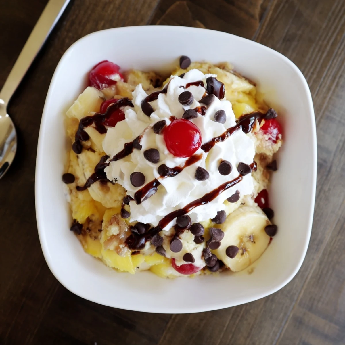 Baked banana split dump cake featuring pineapple cherries chocolate chips and whipped cream
