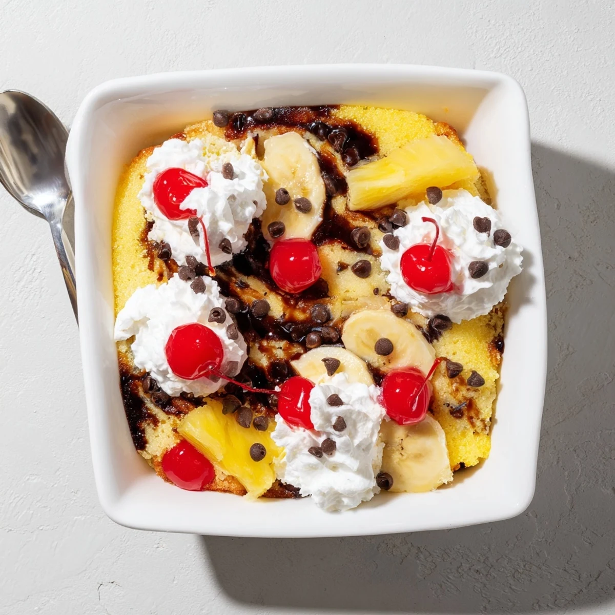 Gooey banana split dump cake topped with whipped cream and chocolate syrup drizzle