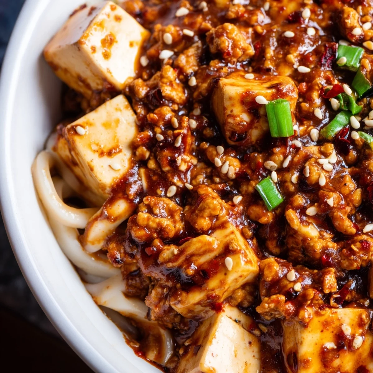 Steaming bowl of mapo tofu udon featuring chewy noodles topped with spicy ground pork and soft tofu cubes in rich red sauce
