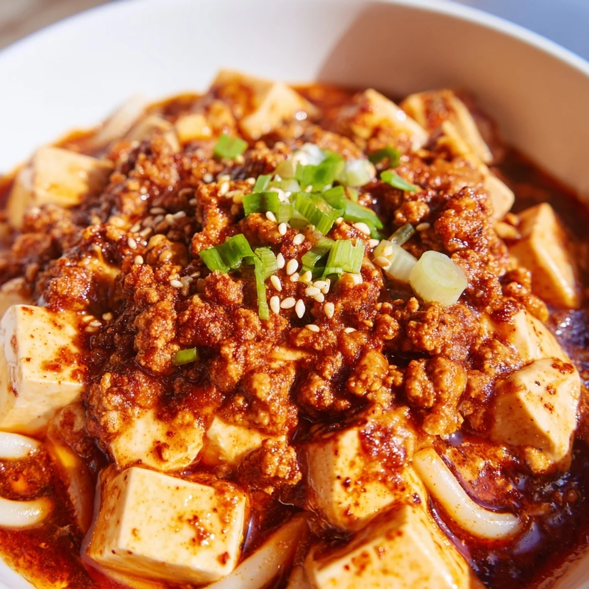 Comforting fusion dish of mapo tofu udon garnished with fresh green onions and sesame seeds over thick Japanese wheat noodles