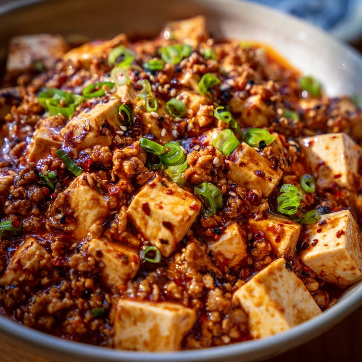 Spicy Sichuan-style mapo tofu udon with tender tofu pieces and savory meat sauce drizzled over chewy udon noodles in a deep bowl