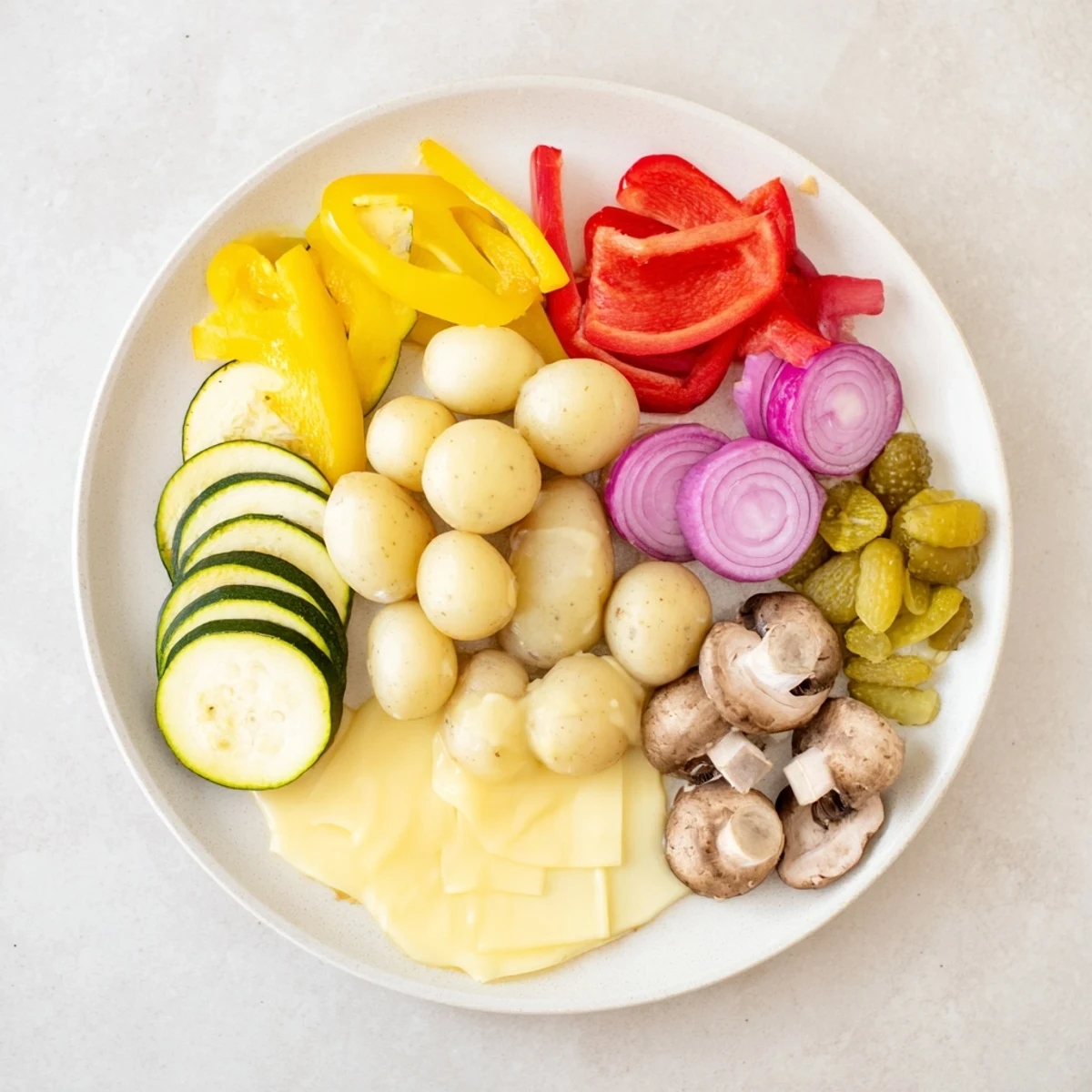 Golden melted raclette cheese bubbling over roasted vegetables and warm boiled potatoes on a rustic wooden platter
