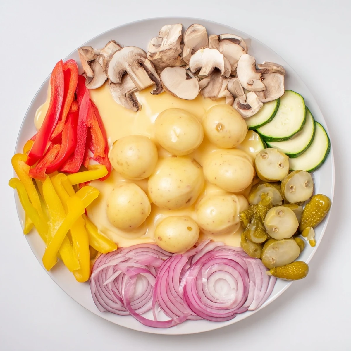 Tabletop raclette grill with individual melting pans filled with vegetables and cheese served alongside tender potatoes and condiments