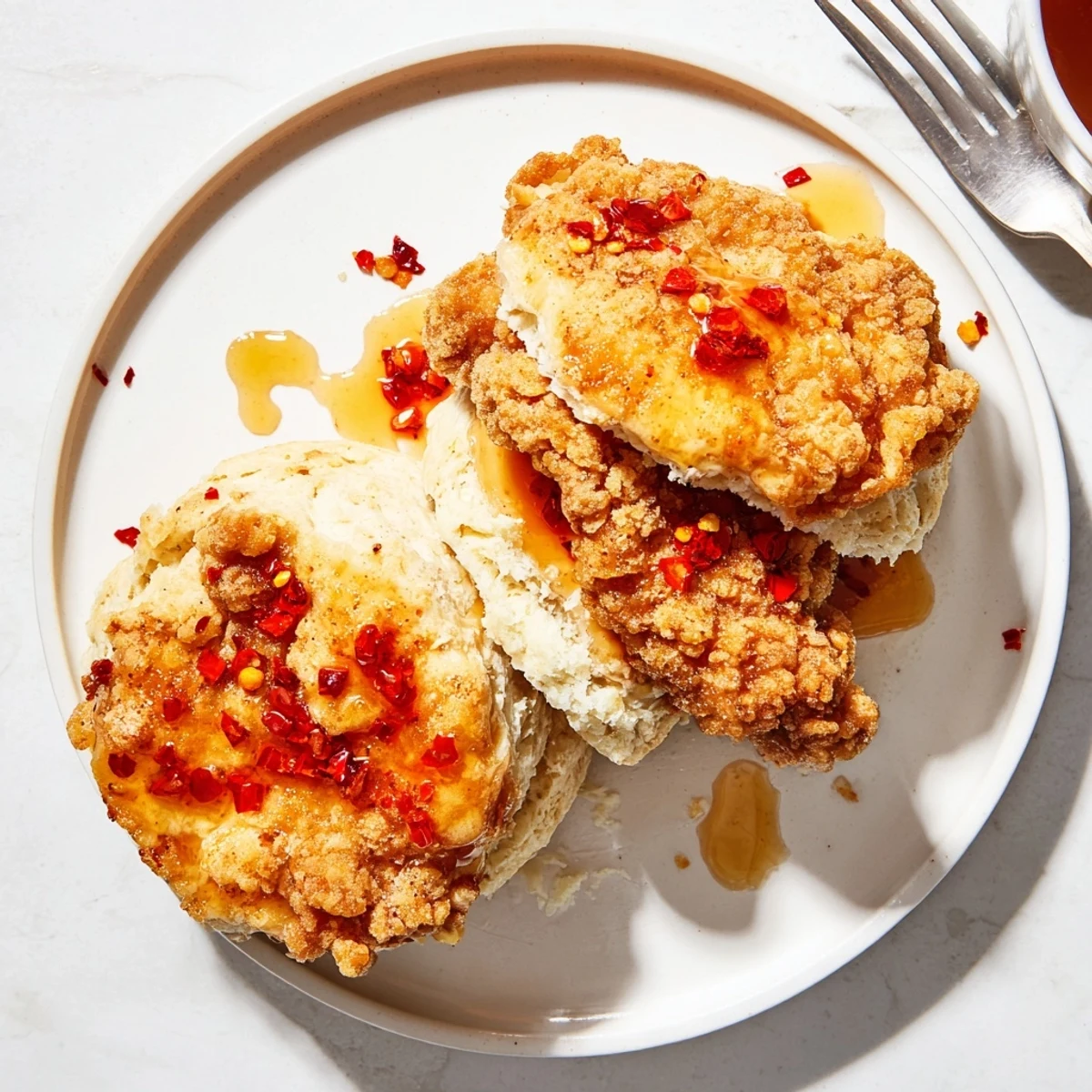 Golden hot honey chicken biscuits featuring crispy fried chicken on fluffy buttermilk biscuits