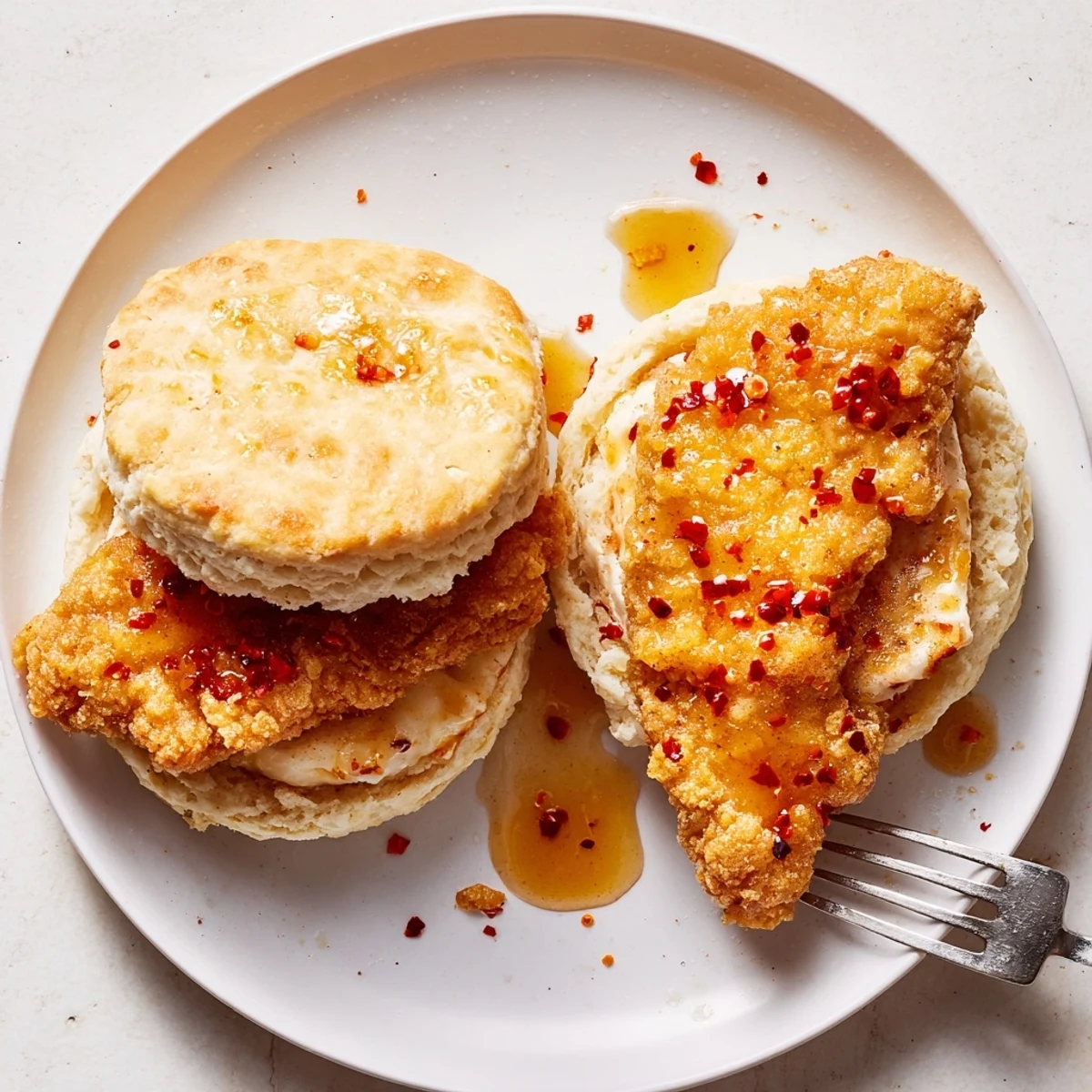 Southern-style hot honey chicken biscuits drizzled with spicy sweet honey glaze on plate