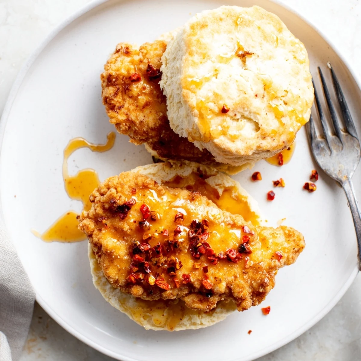 Homemade hot honey chicken biscuits stacked with golden fried chicken and sticky honey sauce